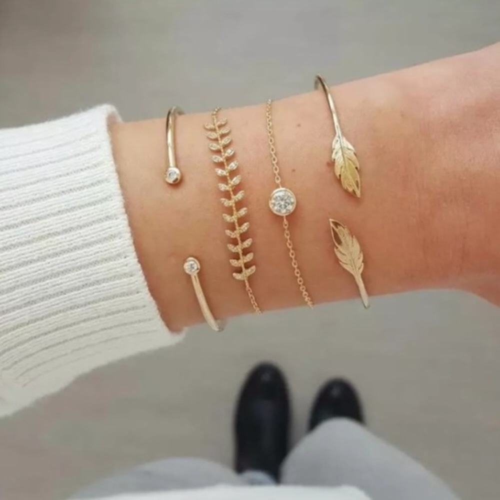 Atelier Sona Leafy & Rhinestone 4 Piece Bracelet Set